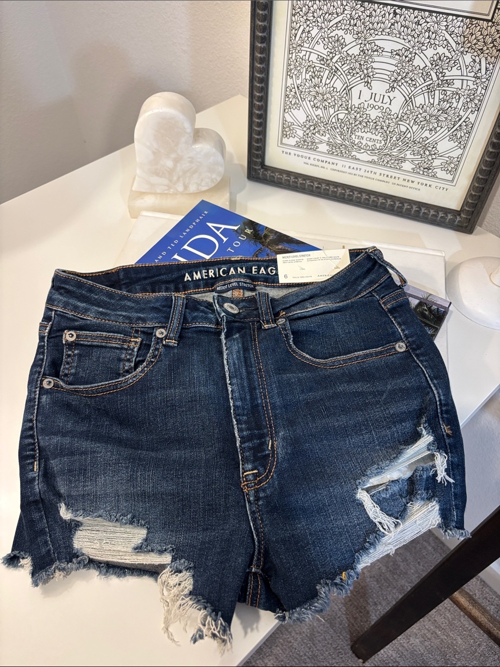 American Eagle Outfitters Dark Blue Distressed Denim Jean Shorts